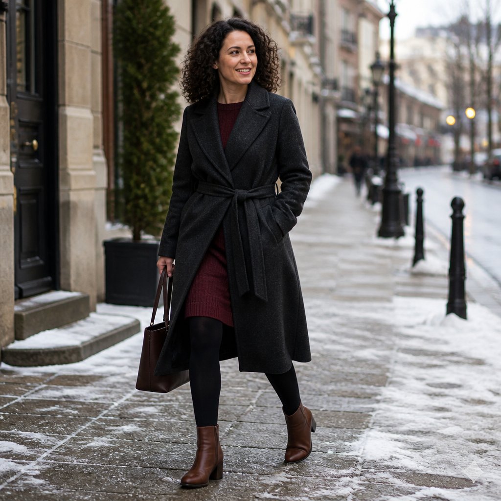 Winter travel outfit for women: camel wrap coat with a cream hoodie, black leggings, and brown pull-on ankle boots