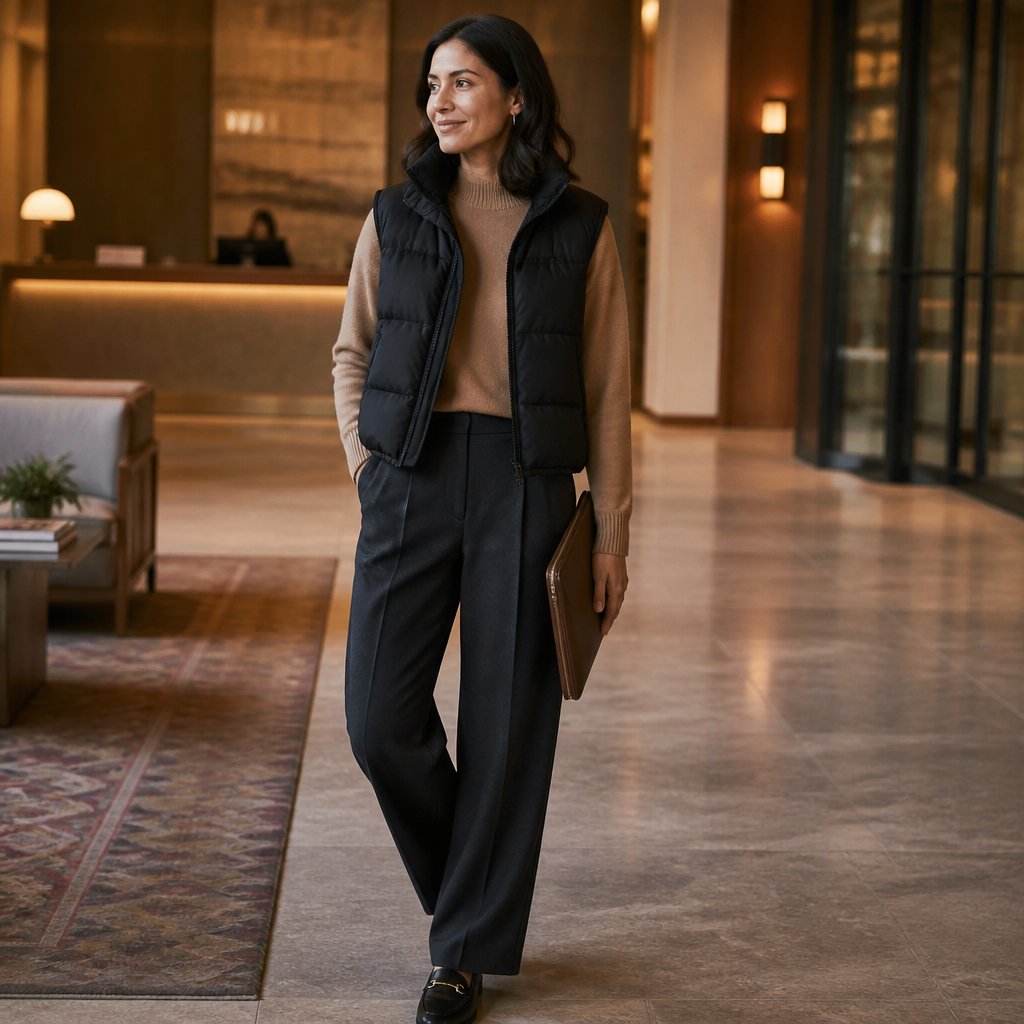 Winter travel outfit for women: shearling-lined jacket over a cream thermal layer, camel corduroy pants, and white grippy sneakers