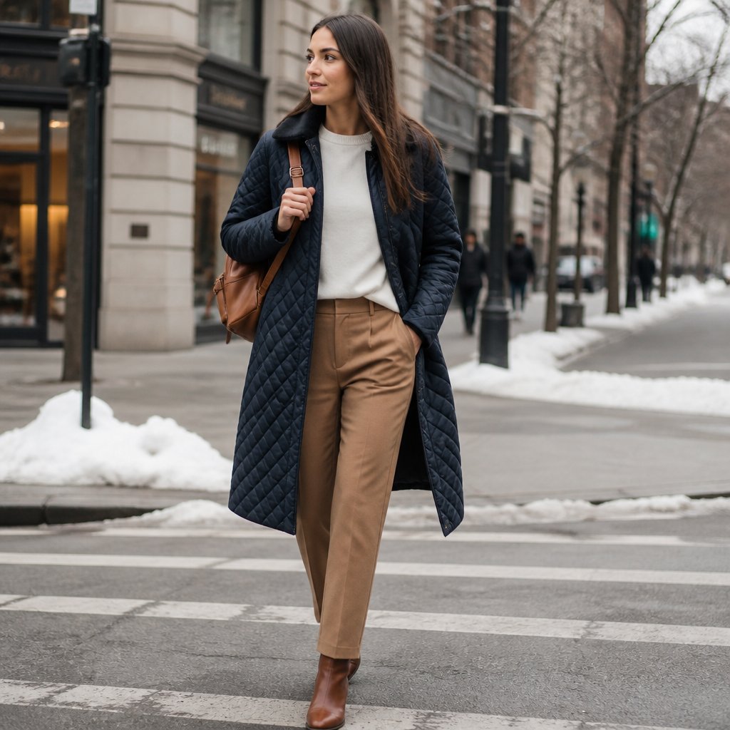 Winter travel outfit for women: belted camel robe coat over a soft burgundy knit dress, opaque tights, and brown block-heel booties