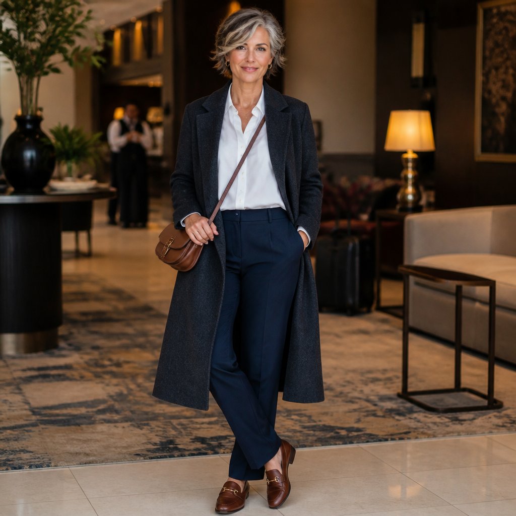Winter travel outfit for women: black cropped puffer vest over a soft grey wool sweater, charcoal trousers, and white slip-on sneakers