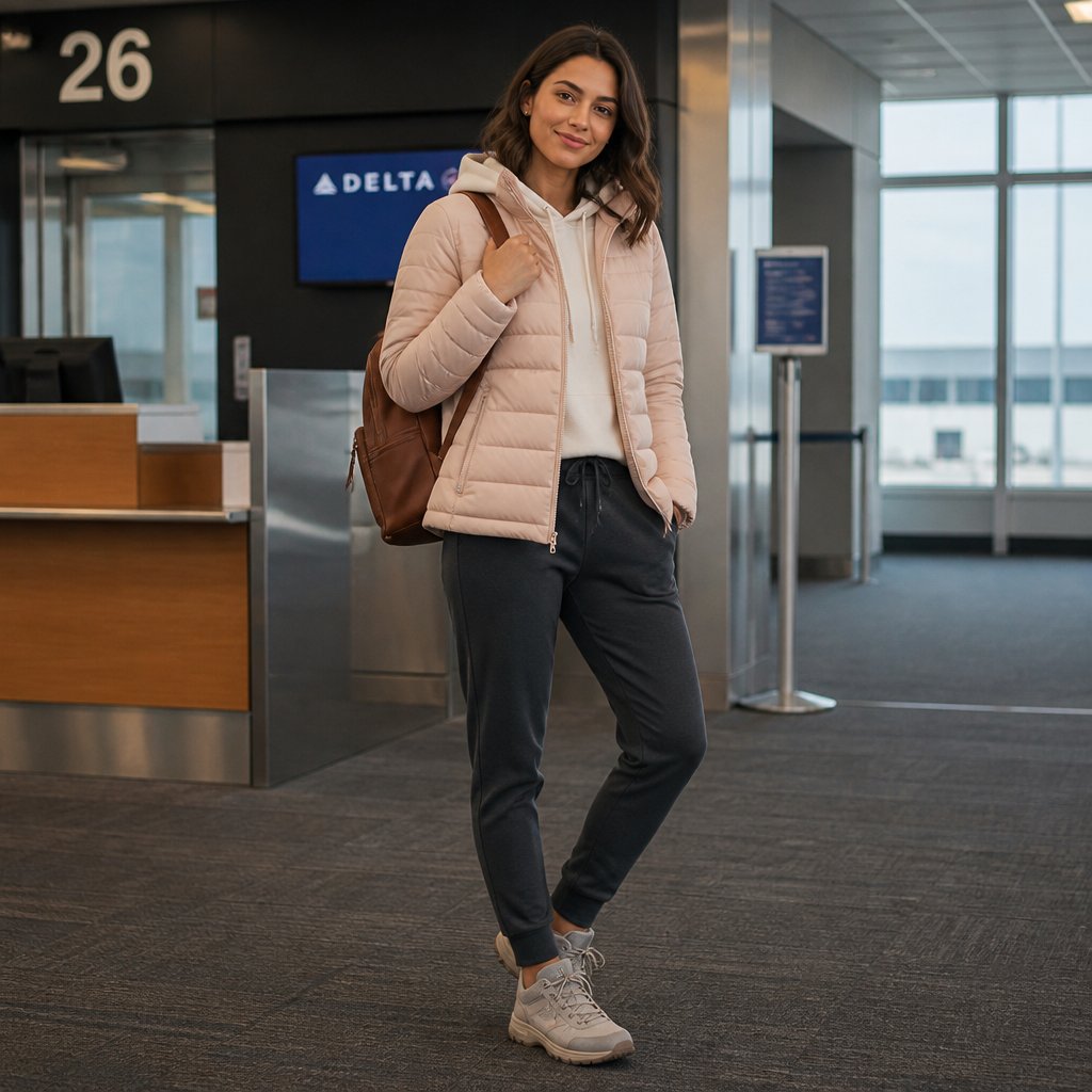 Winter travel outfit for women: packable olive down coat with a cream hoodie, charcoal joggers, and tan trail sneakers