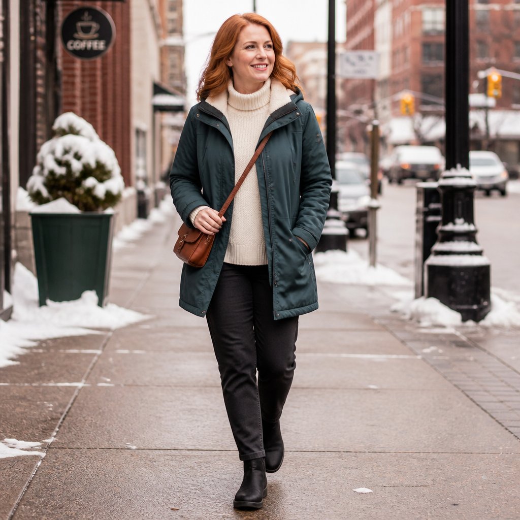 Winter travel outfit for women: long camel wool topcoat with a soft blue button-up shirt, charcoal trousers, and brown leather loafers