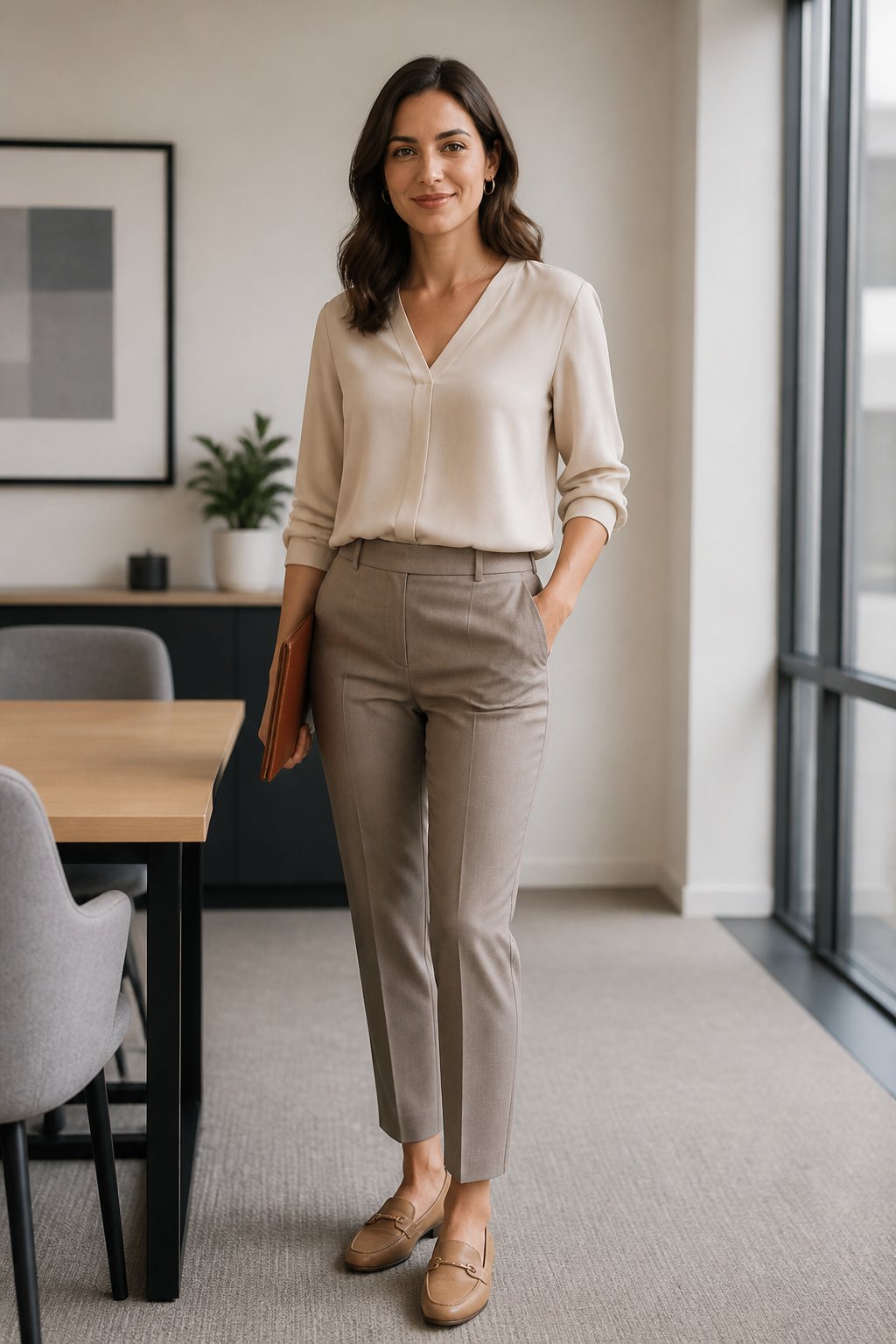 Woman in black blazer, cream top, and black trousers seated in an office chair