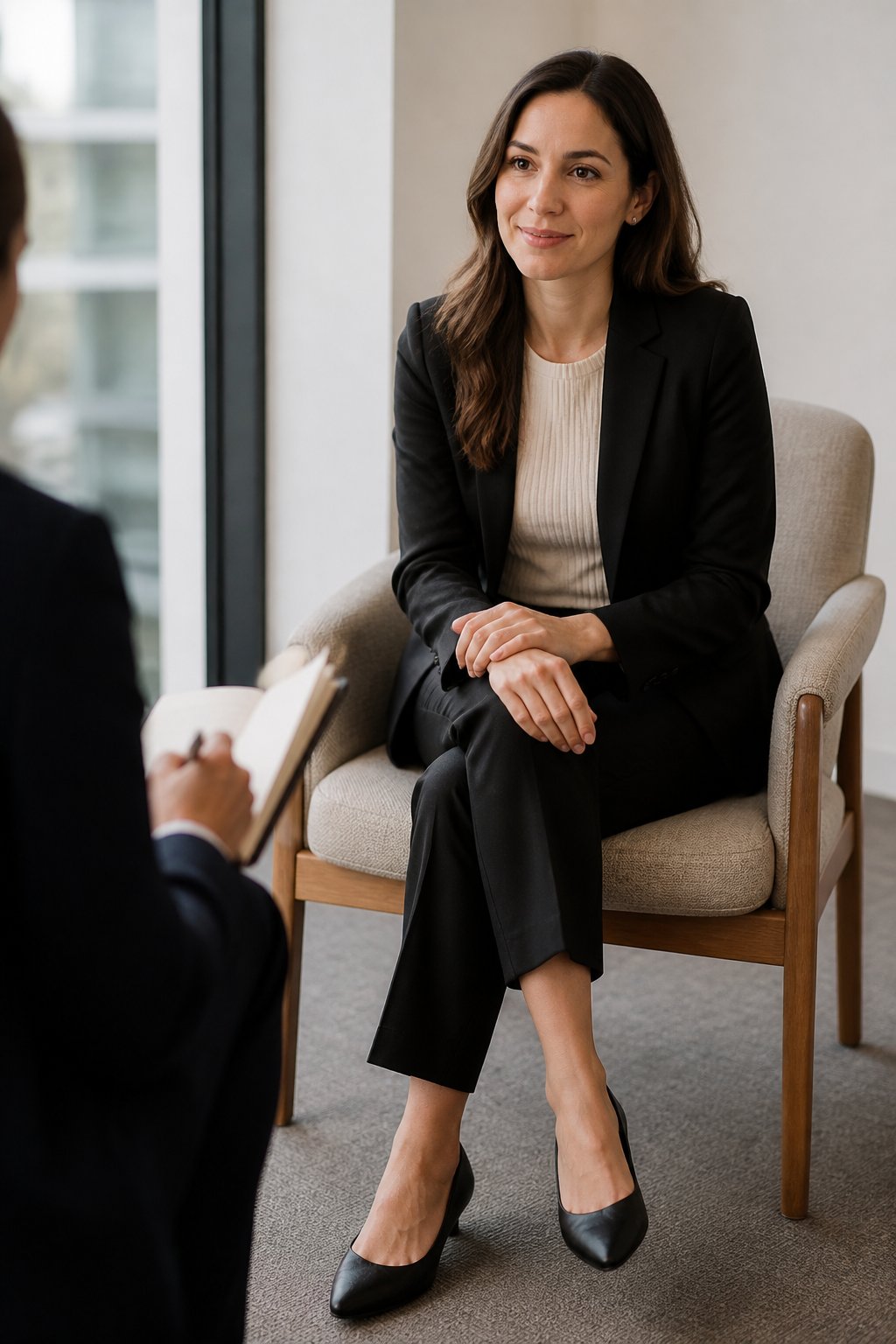 Woman in black blazer and cream ribbed top seated in a light armchair