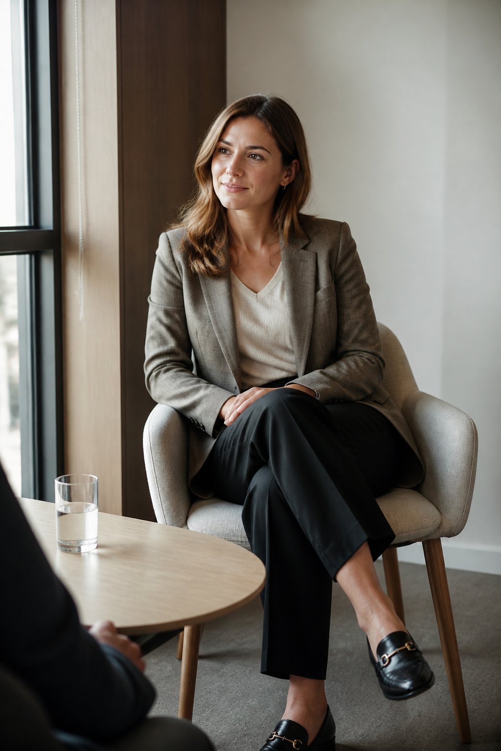 Woman in gray blazer, white V-neck, and black trousers with loafers seated in a gray armchair
