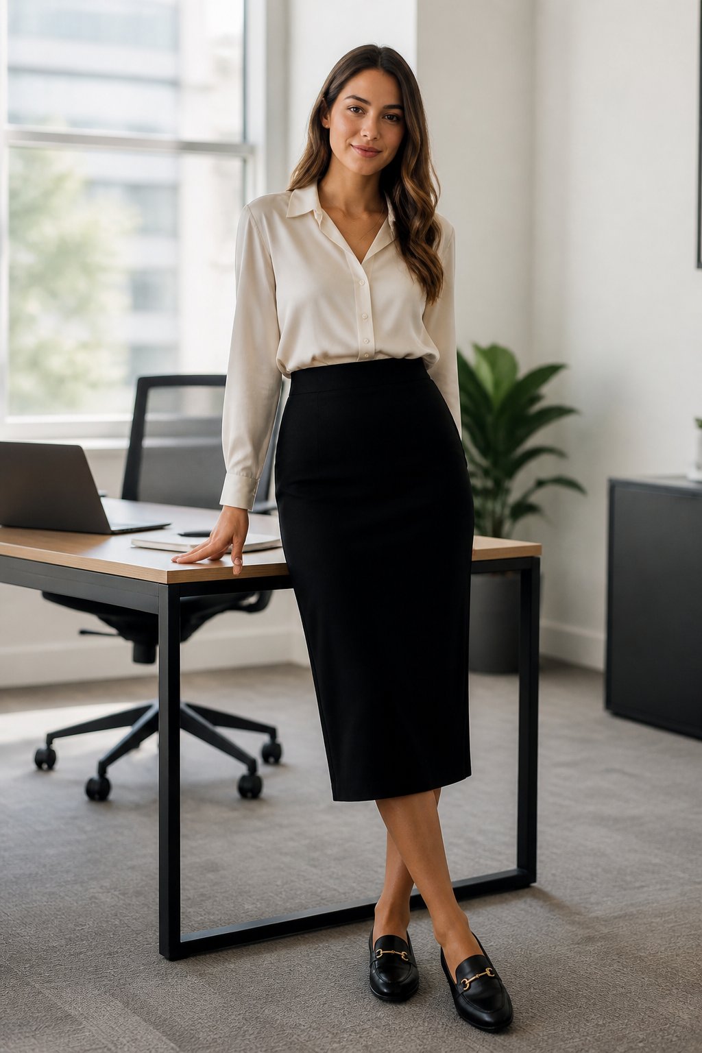 Woman in cream silk blouse and black pencil skirt with horsebit loafers leaning on a desk