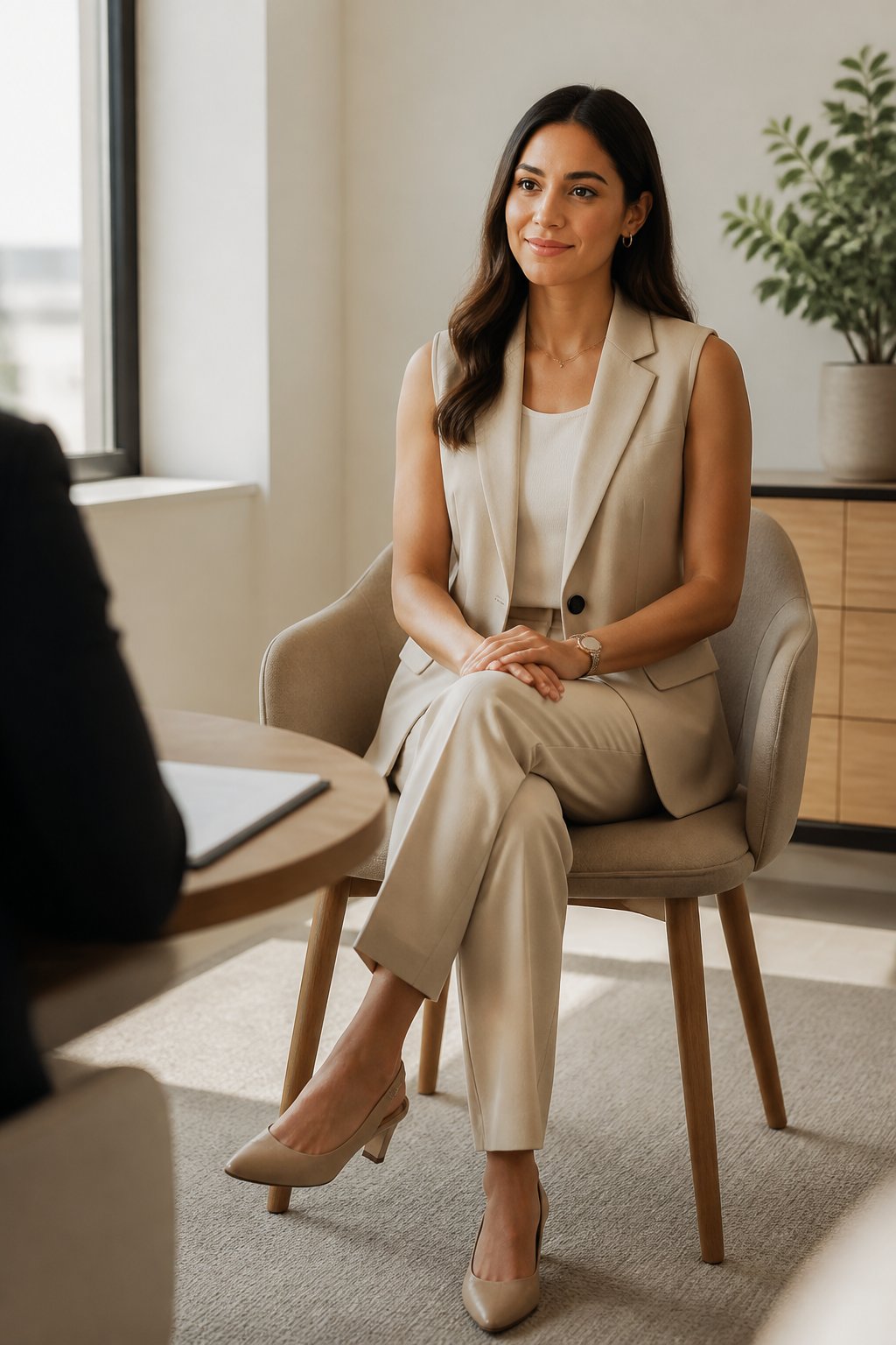 Woman in beige longline vest suit with white tank and nude kitten heels seated in a curved armchair