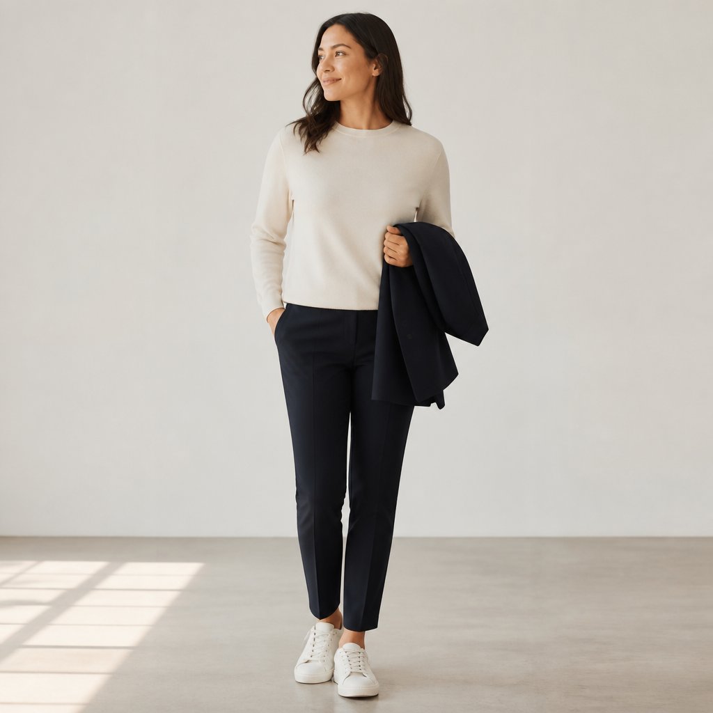 woman wearing outfit 1 for work trip outfits