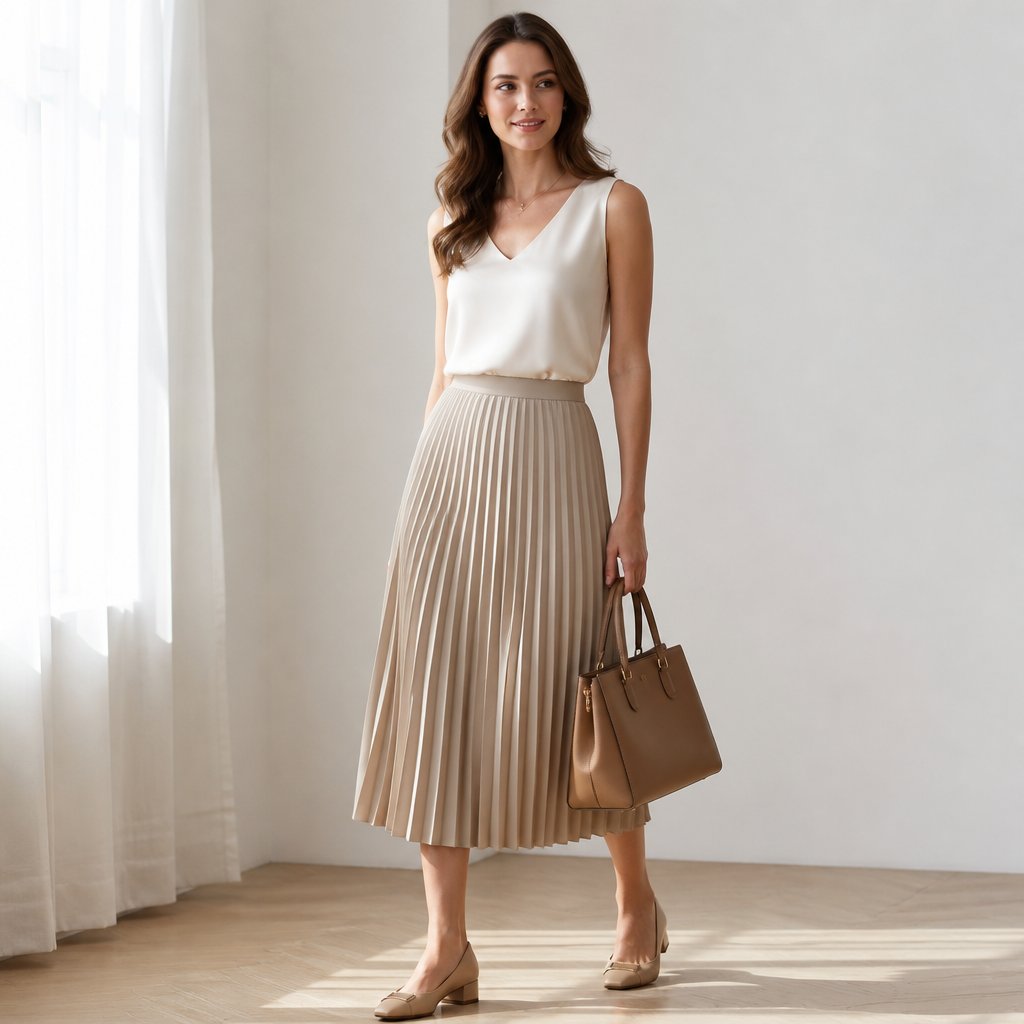 woman wearing the presentation day: pleated midi, silk shell, low block heels, structured bag