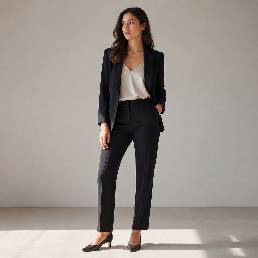 woman wearing the carry-on capsule: black trousers, silk shell, structured blazer, low heels