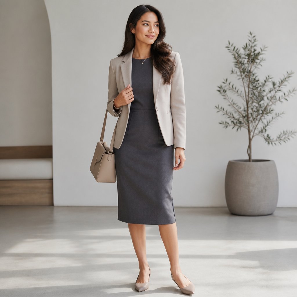 woman wearing the conference day one: midi sheath dress, blazer, pointed flats