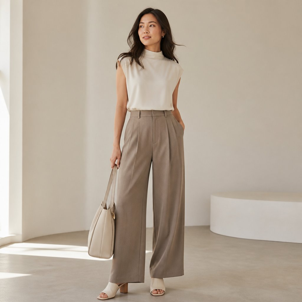 woman wearing the conference day two: wide-leg trousers, mock-neck top, block-heel mules