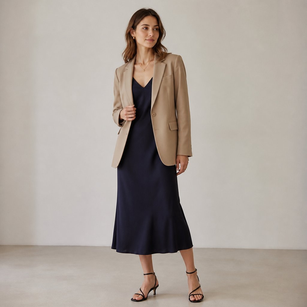 woman wearing the client dinner: slip midi, structured blazer, strappy low heels