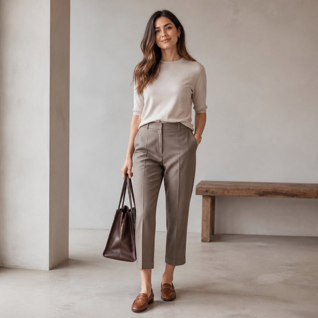 woman wearing the casual team dinner: cropped trousers, fine-knit top, leather loafers