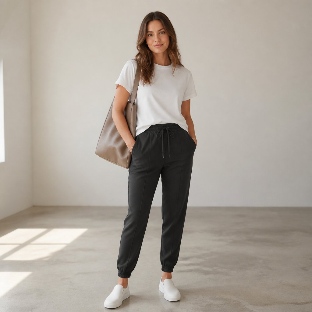 woman wearing the travel morning: tailored joggers, polished tee, slip-on sneakers