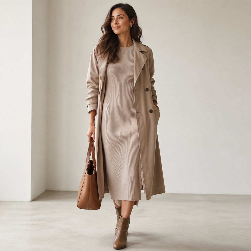 woman wearing the hotel-room-ready: knit dress, ankle boots, lightweight trench