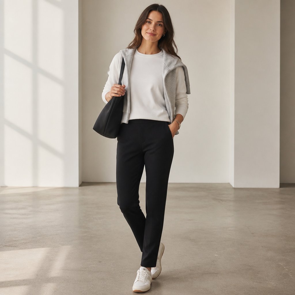 woman wearing the red-eye recovery: long-sleeve tee, ponte pants, court sneakers, hoodie in tote