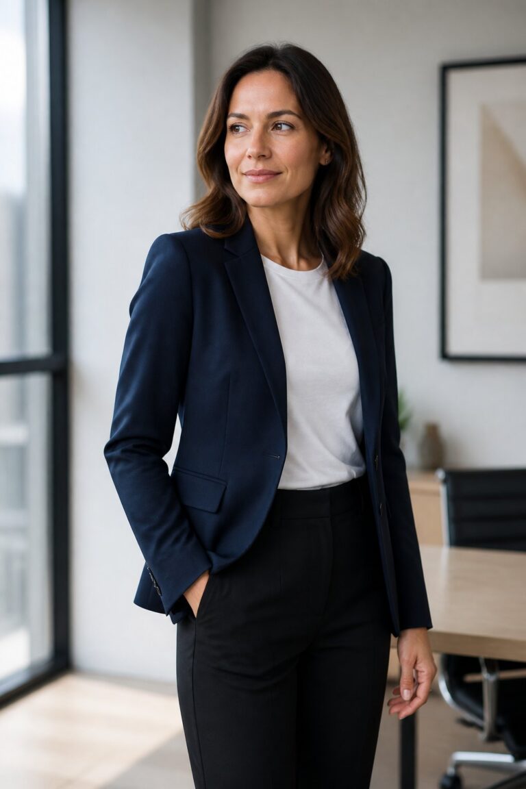 Woman wearing navy blazer with white tee and black trousers for a workwear capsule wardrobe