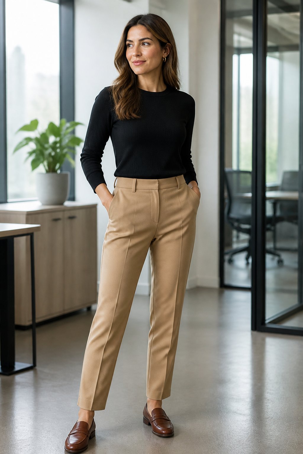 Woman wearing camel trousers with black knit and loafers for a workwear capsule wardrobe