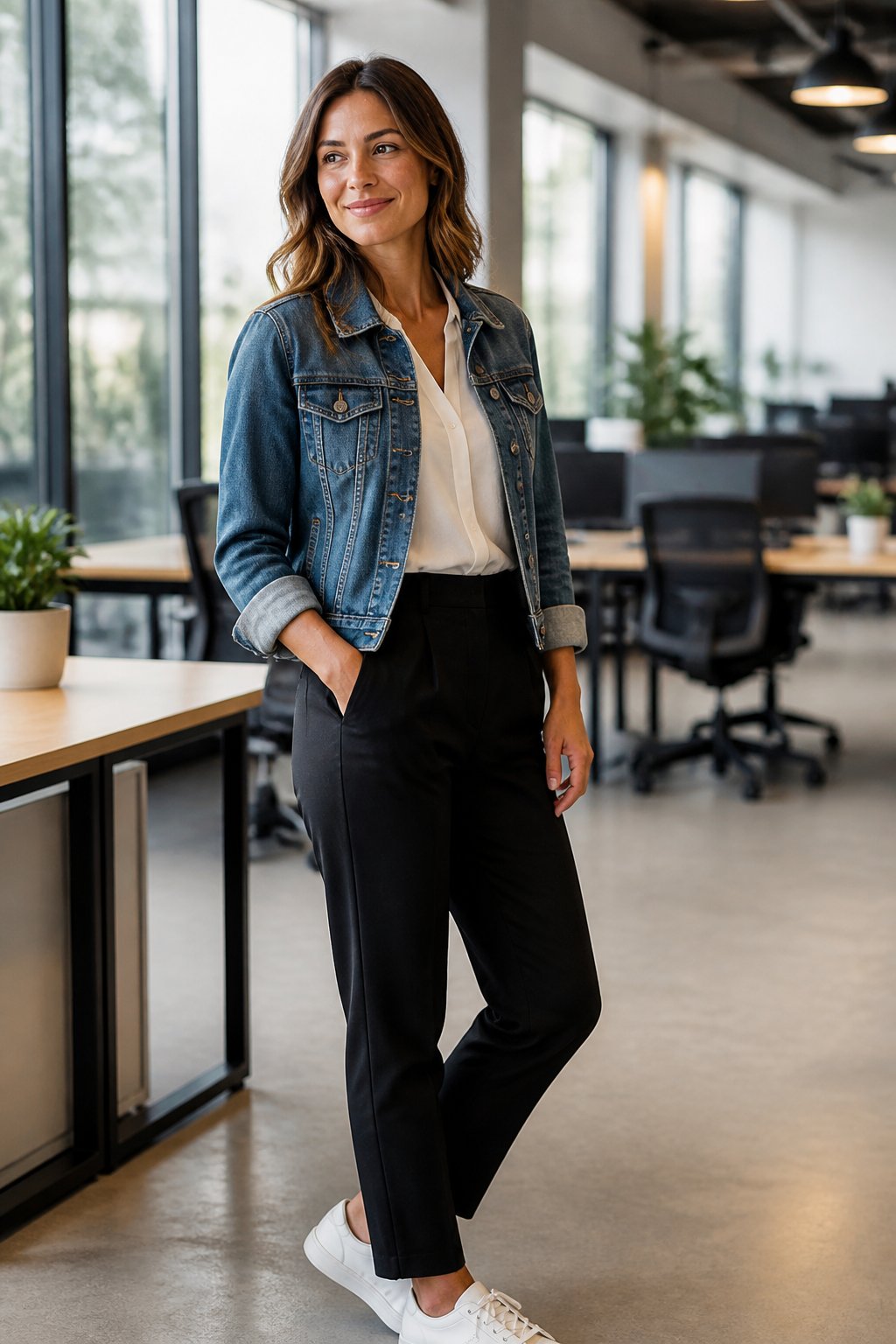 Woman wearing denim jacket with black trousers and sneakers for a workwear capsule wardrobe