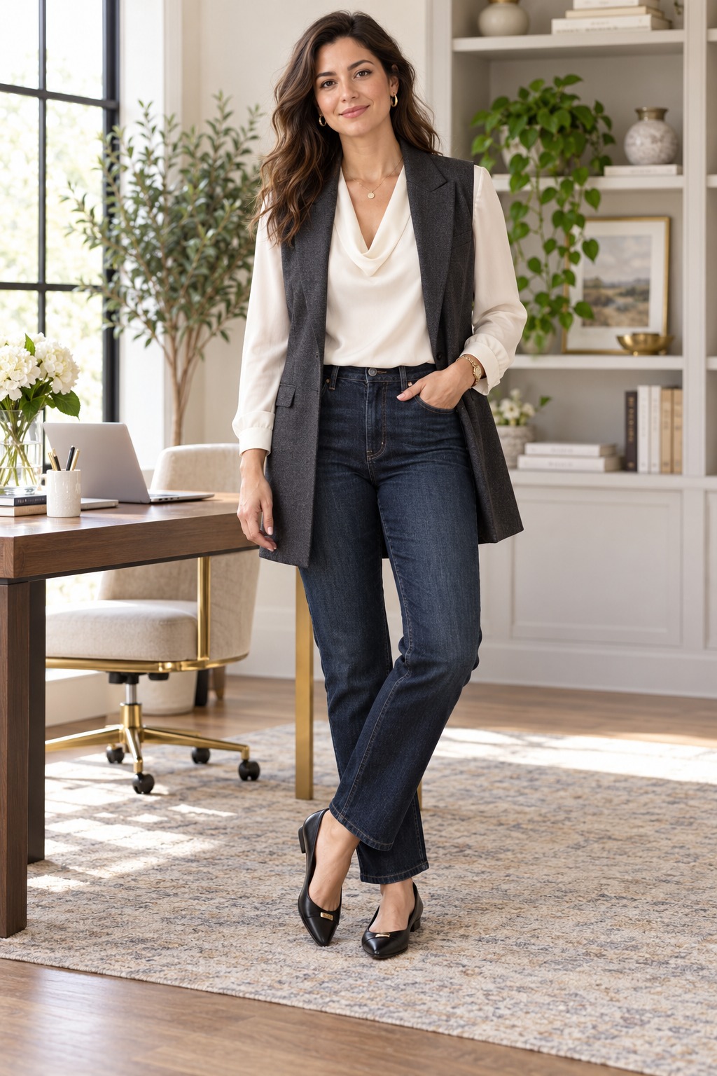 Business casual outfit with dark indigo straight leg jeans, draped blouse, longline vest, and polished flats