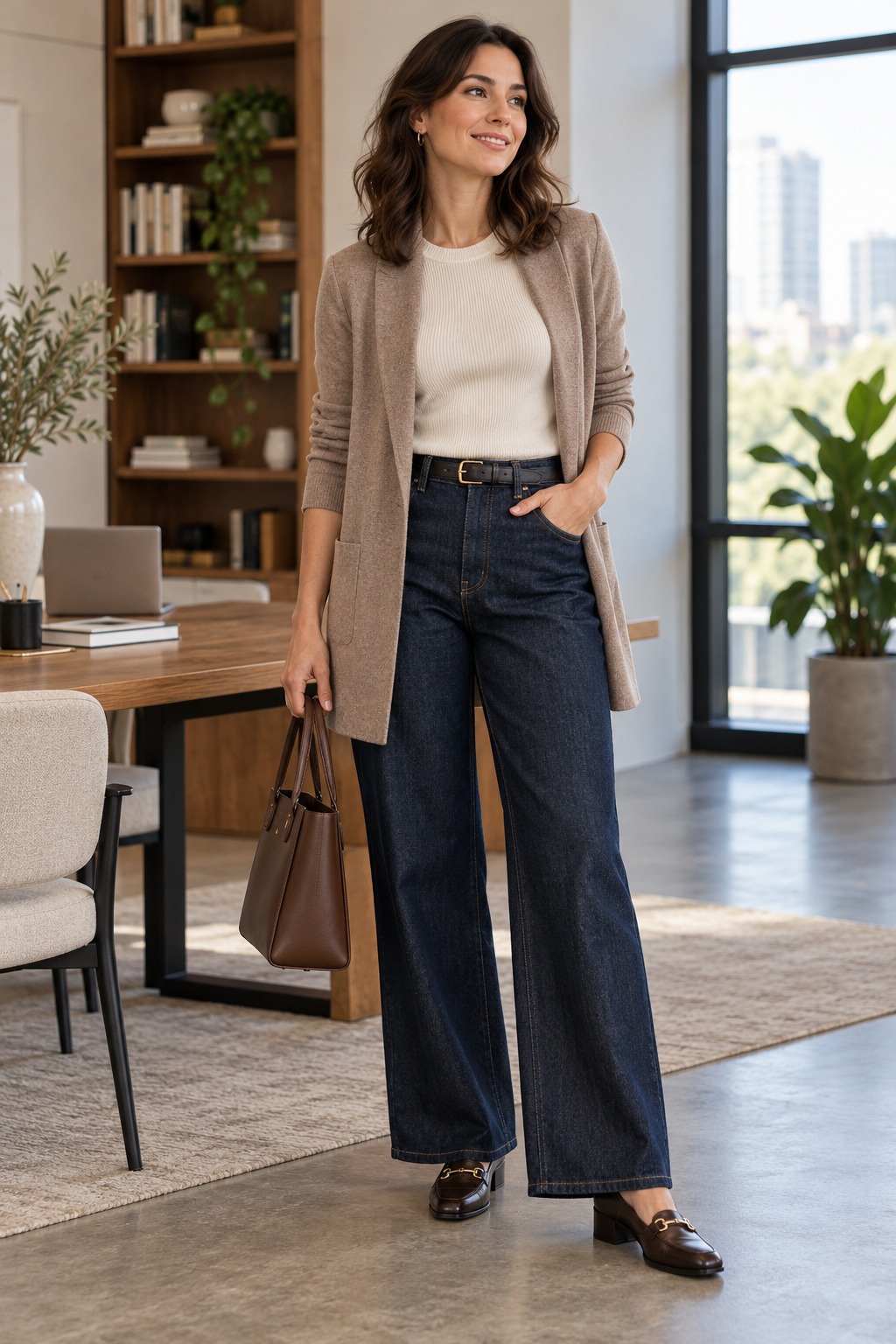 Office outfit with dark trouser jeans, short sleeve knit top, and refined cardigan jacket