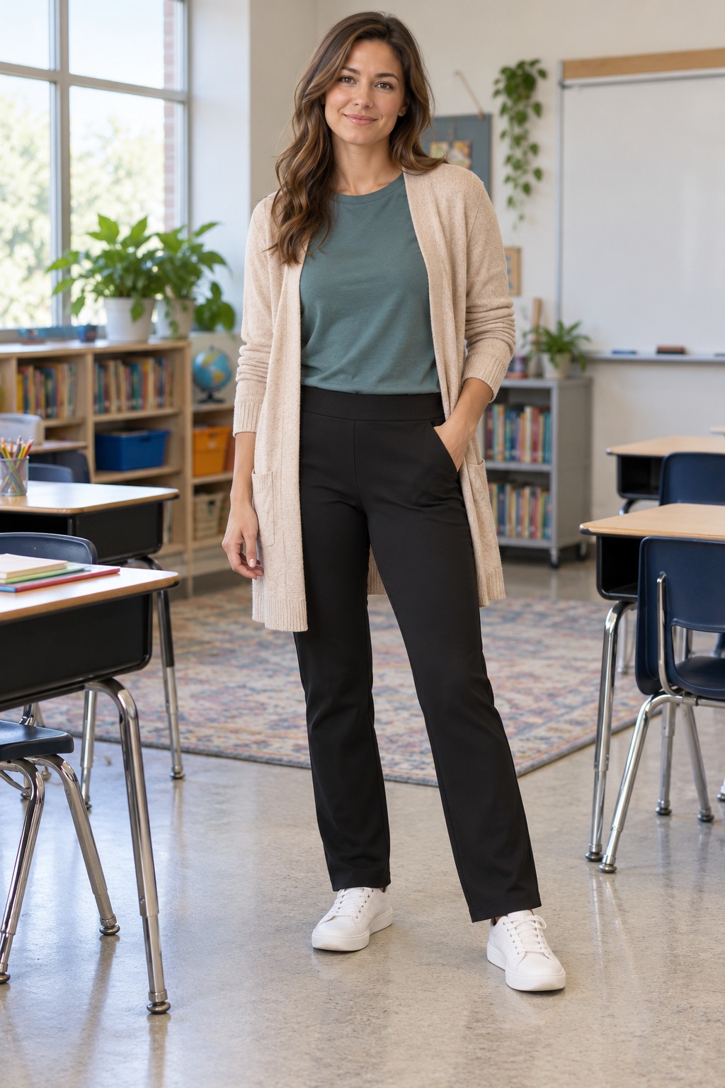 Elementary teacher outfit with ponte trousers, a smooth tee, long cardigan, and supportive sneakers