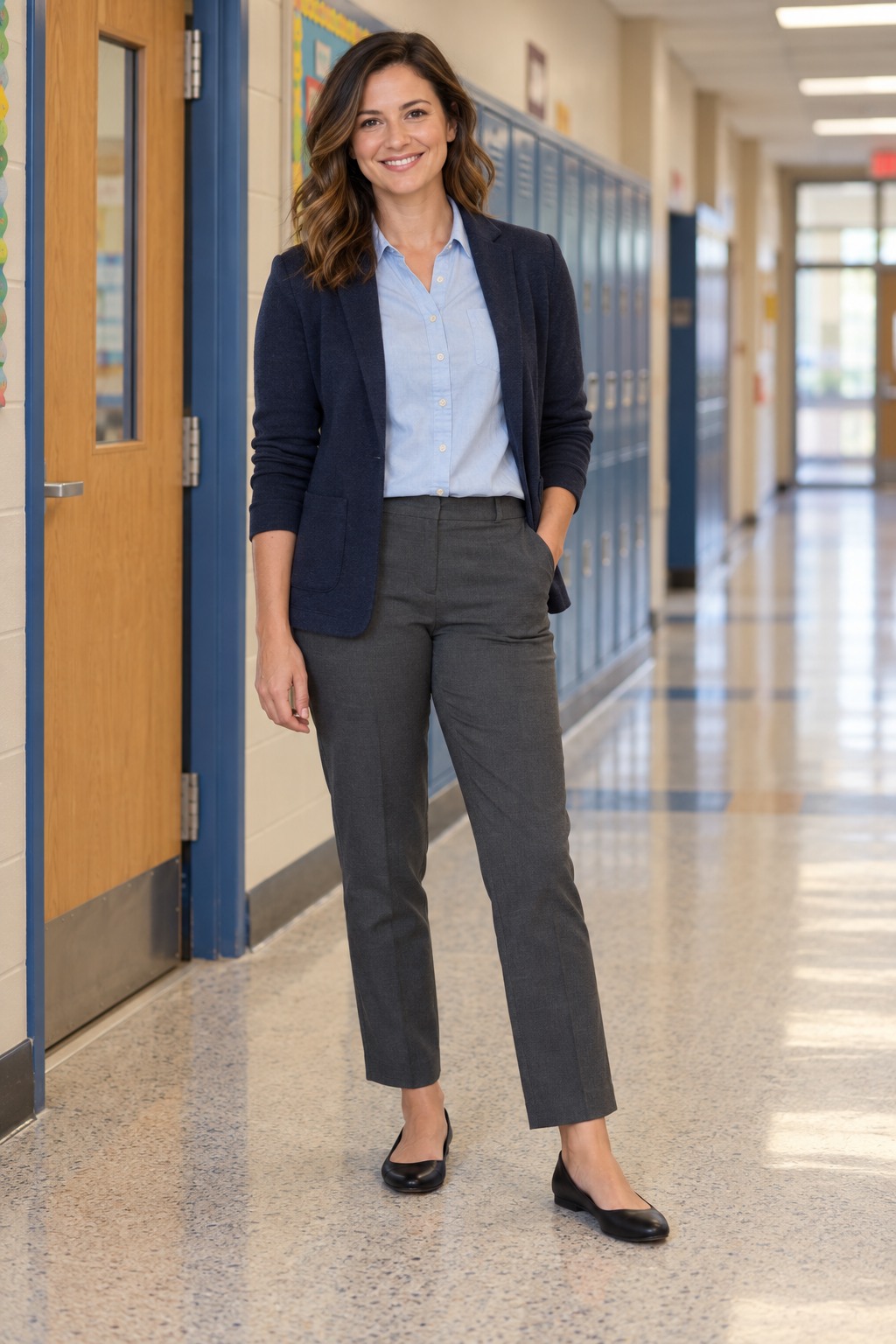 Elementary teacher outfit with ankle trousers, washable button-front shirt, knit blazer, and closed flats