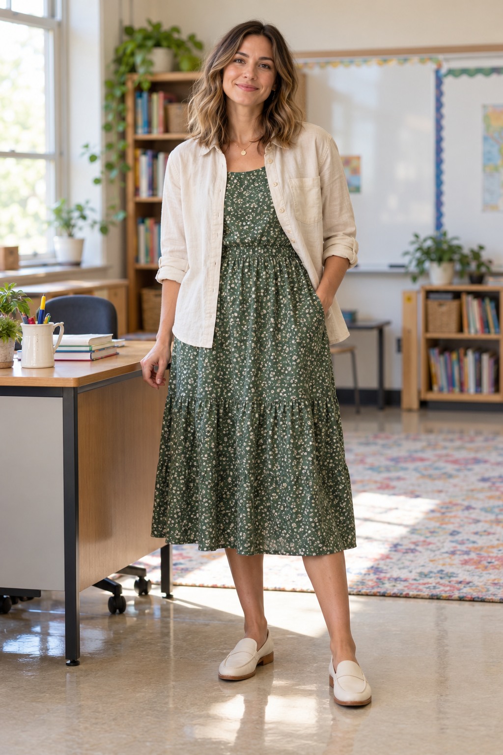 Elementary teacher in a washable midi dress with a light overshirt and secure low-profile shoes