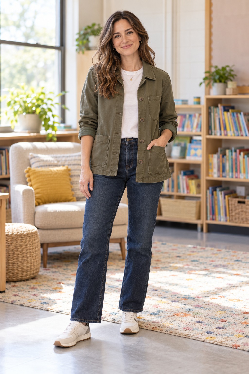 Elementary teacher outfit with dark jeans, washable tee, pocketed chore jacket, and sturdy sneakers