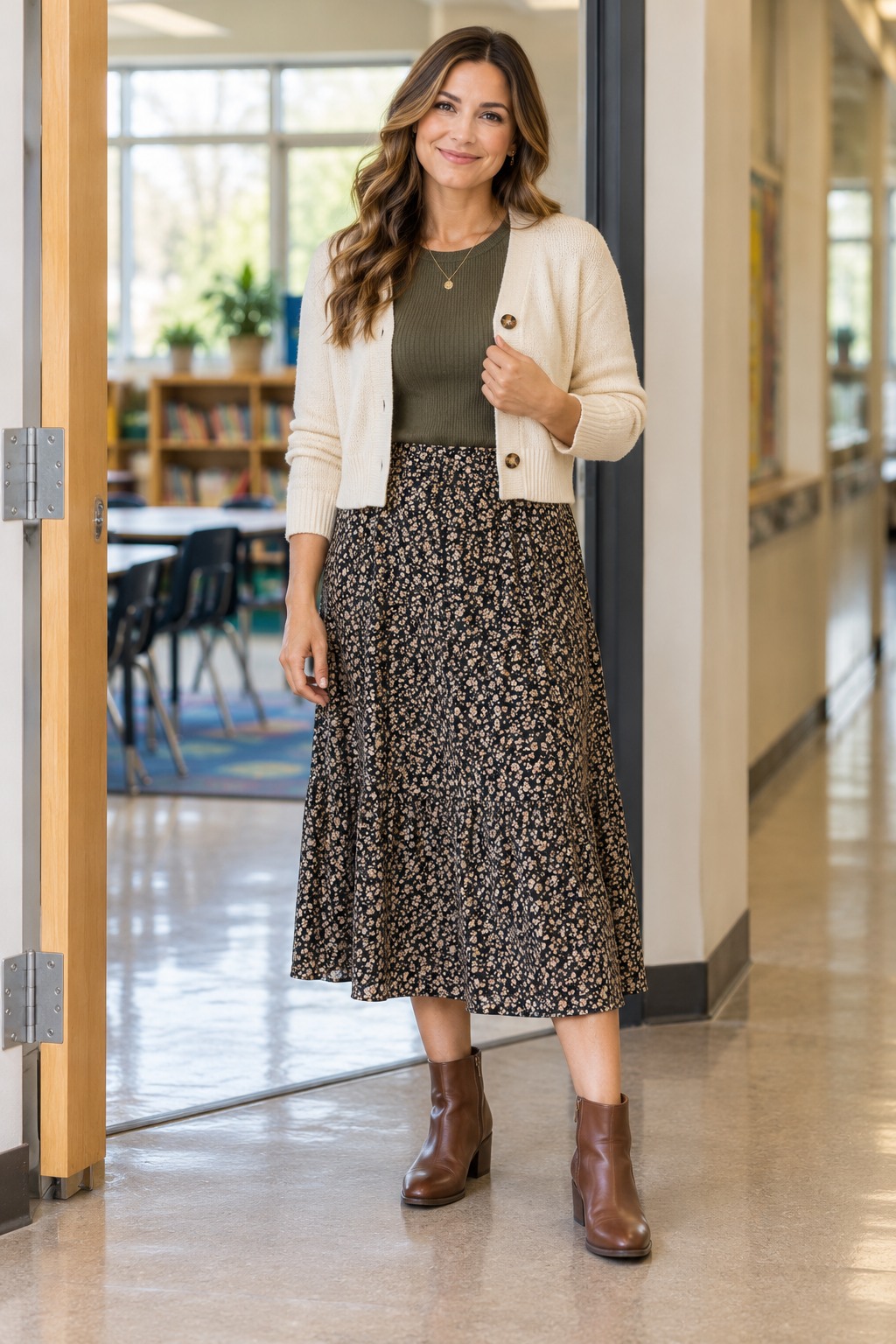 Elementary teacher outfit with stretch midi skirt, fine knit, cropped cardigan, and stable ankle boots