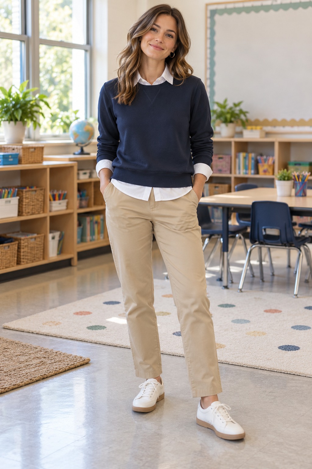 Elementary teacher outfit with straight leg chinos, a neat soft sweatshirt, and a collared shirt layer