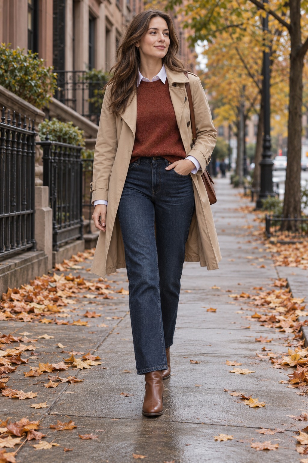 Rust sweater layered over a white shirt with dark jeans, ankle boots, and a beige trench coat for a mild fall day