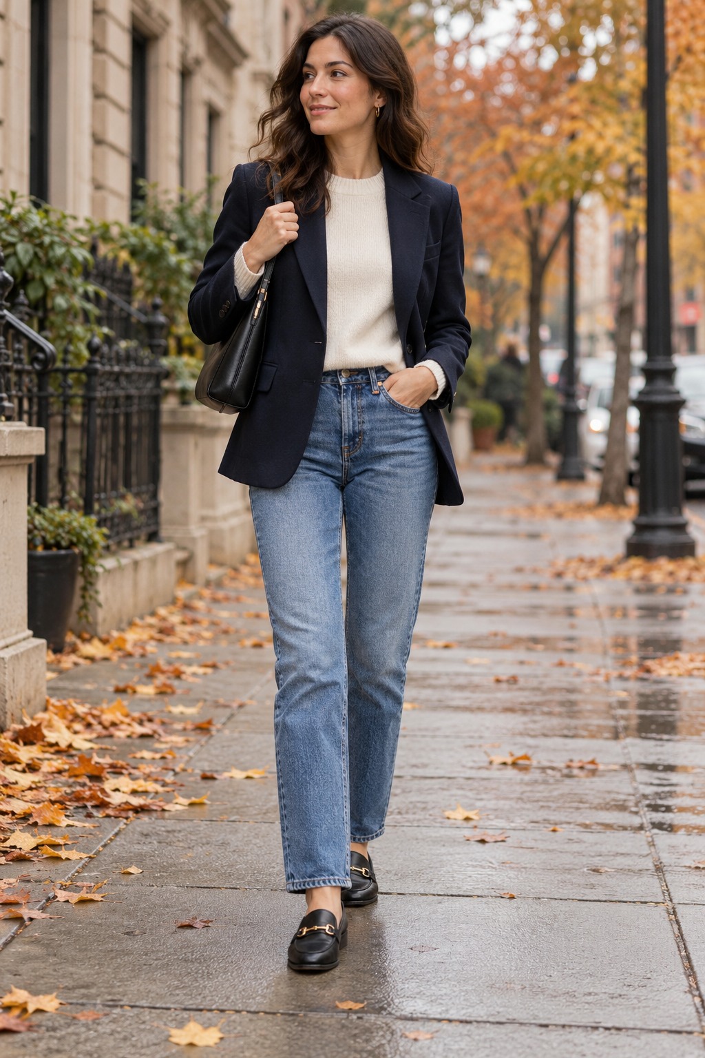 Navy blazer and ivory knit styled with straight-leg blue jeans and loafers for a polished fall outfit