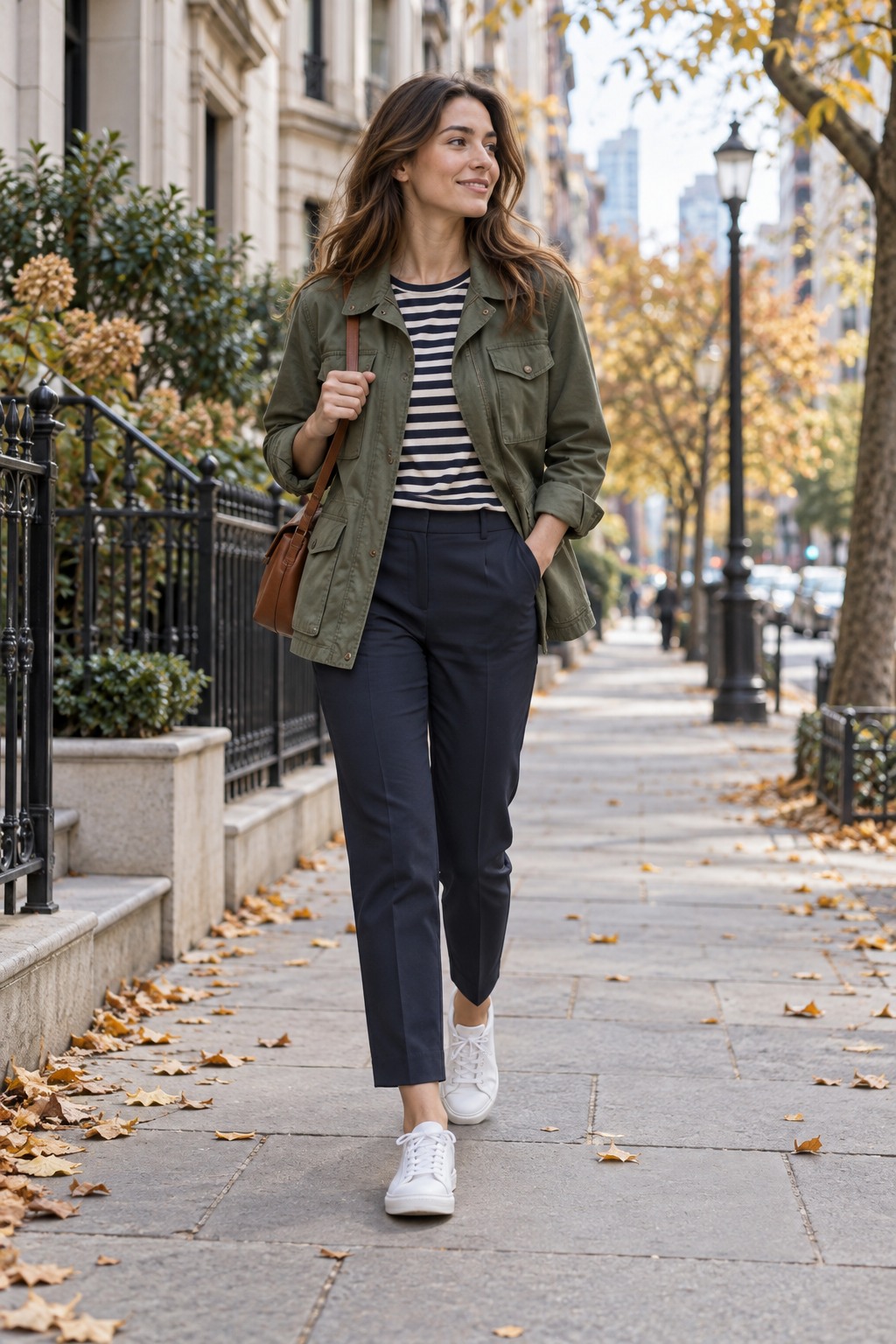 Olive utility jacket over a striped tee with dark ankle trousers and white sneakers for transitional fall weather
