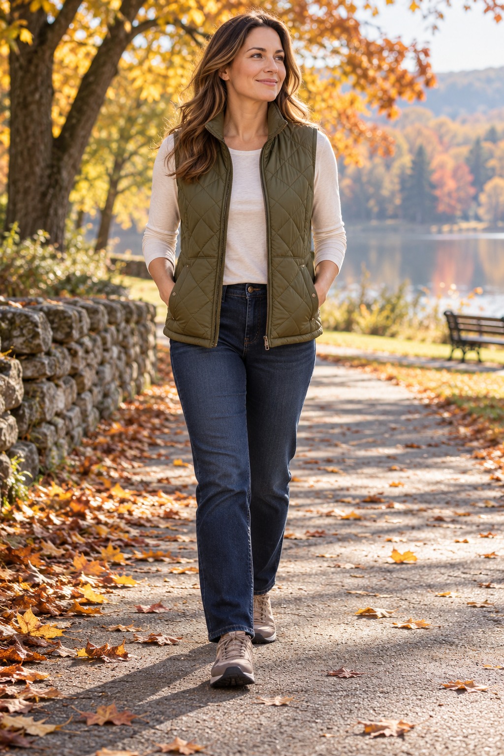 Light quilted vest over a long-sleeve tee with dark jeans and practical walking shoes for a crisp fall morning