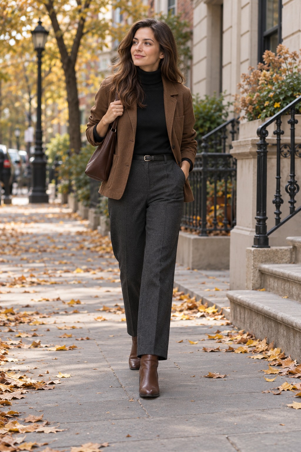 Soft brown jacket layered over a thin black turtleneck with straight trousers and ankle boots for a polished fall day