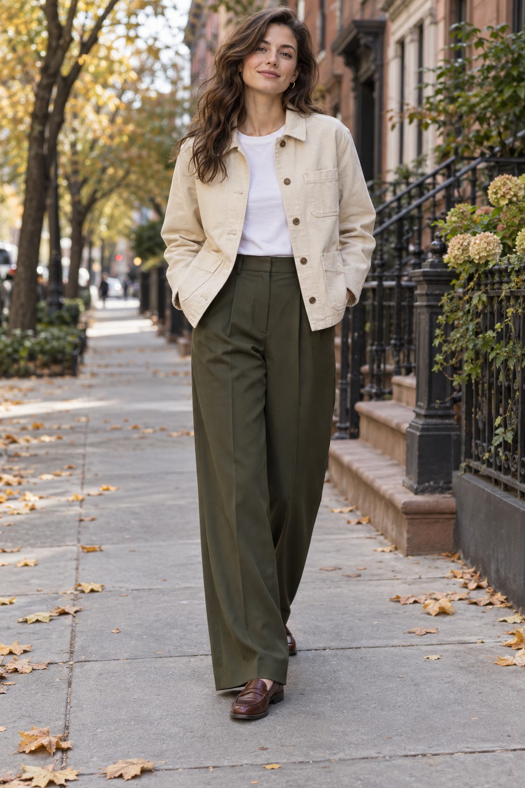 Relaxed chore jacket over a white tee with wide-leg trousers and loafers for a comfortable fall outfit