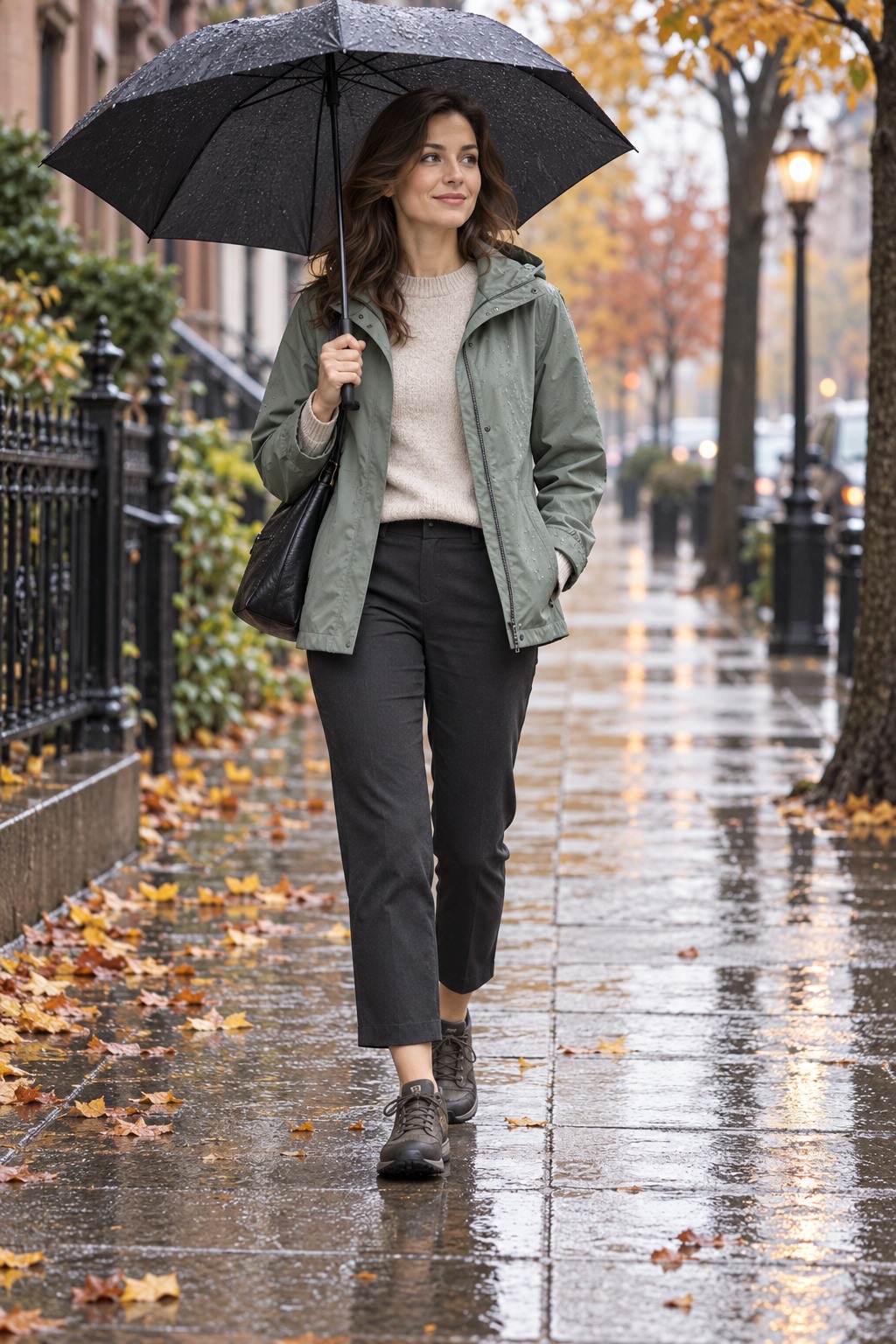 Light water-resistant fall jacket over a fine knit with cropped trousers and practical closed-toe shoes for a rainy commute