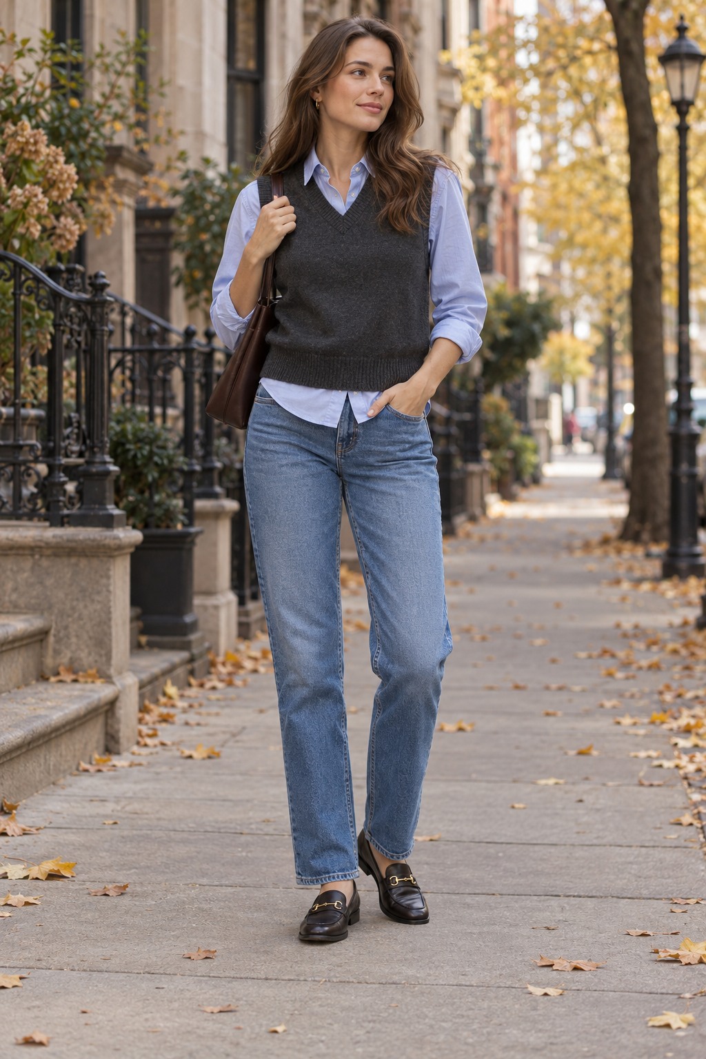 Fine sweater vest layered over an oxford shirt with straight jeans and loafers for a polished fall outfit