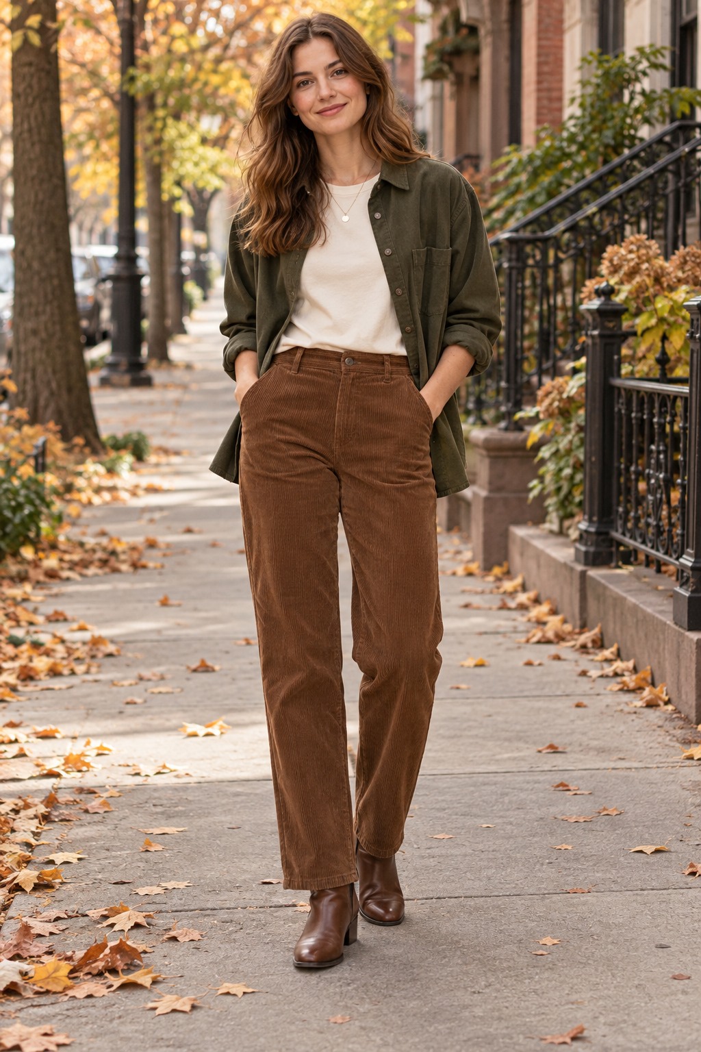 Warm brown corduroy trousers with a simple tee and an open neutral overshirt for transitional fall weather