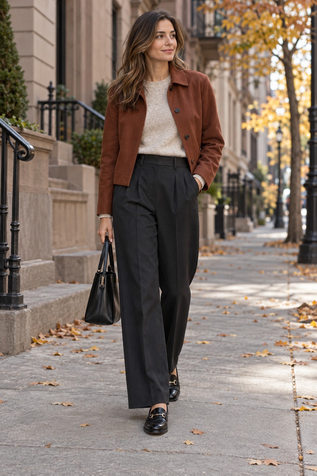 Lightweight oatmeal sweater with pleated dark trousers and a cropped jacket for a neat fall transition outfit
