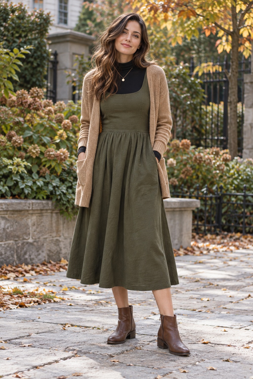Long-sleeve top layered under a sleeveless midi dress with a light cardigan and comfortable fall shoes