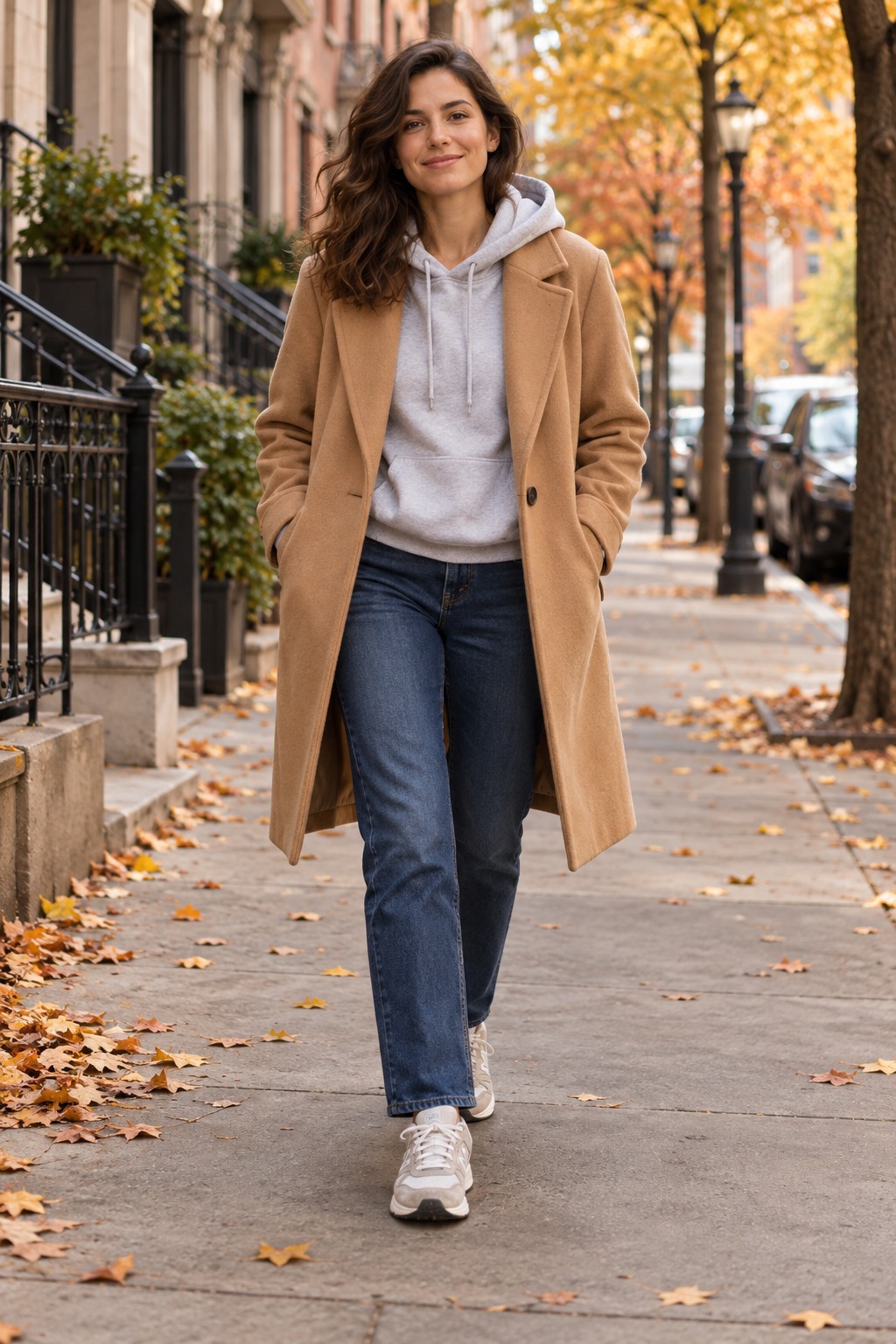 Neutral hooded sweatshirt under a light tailored coat with straight jeans and sturdy sneakers for a relaxed fall day