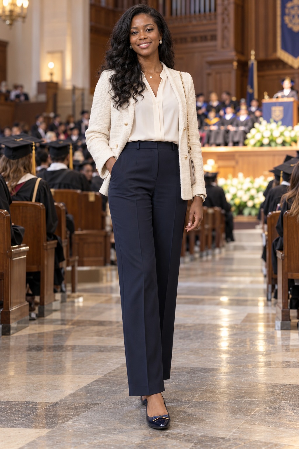 Graduation guest look with tailored navy trousers, soft ivory blouse, and polished comfortable flats for an indoor auditorium