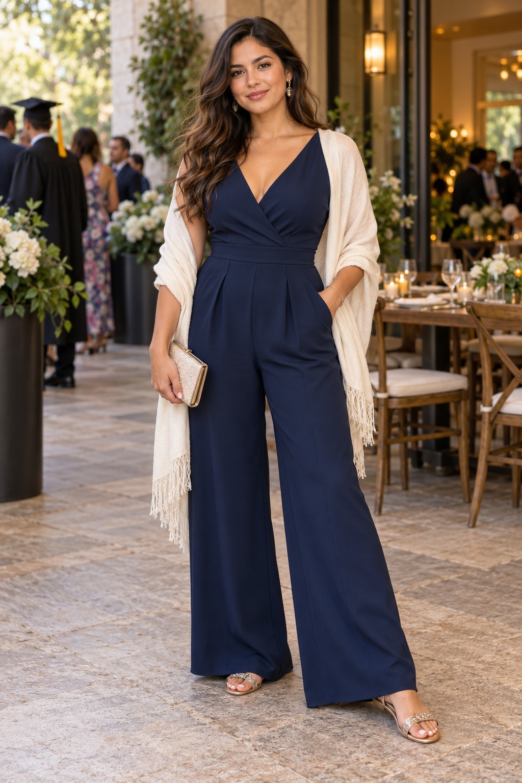 Graduation guest outfit with a polished navy jumpsuit, removable light wrap, and elegant comfortable flats