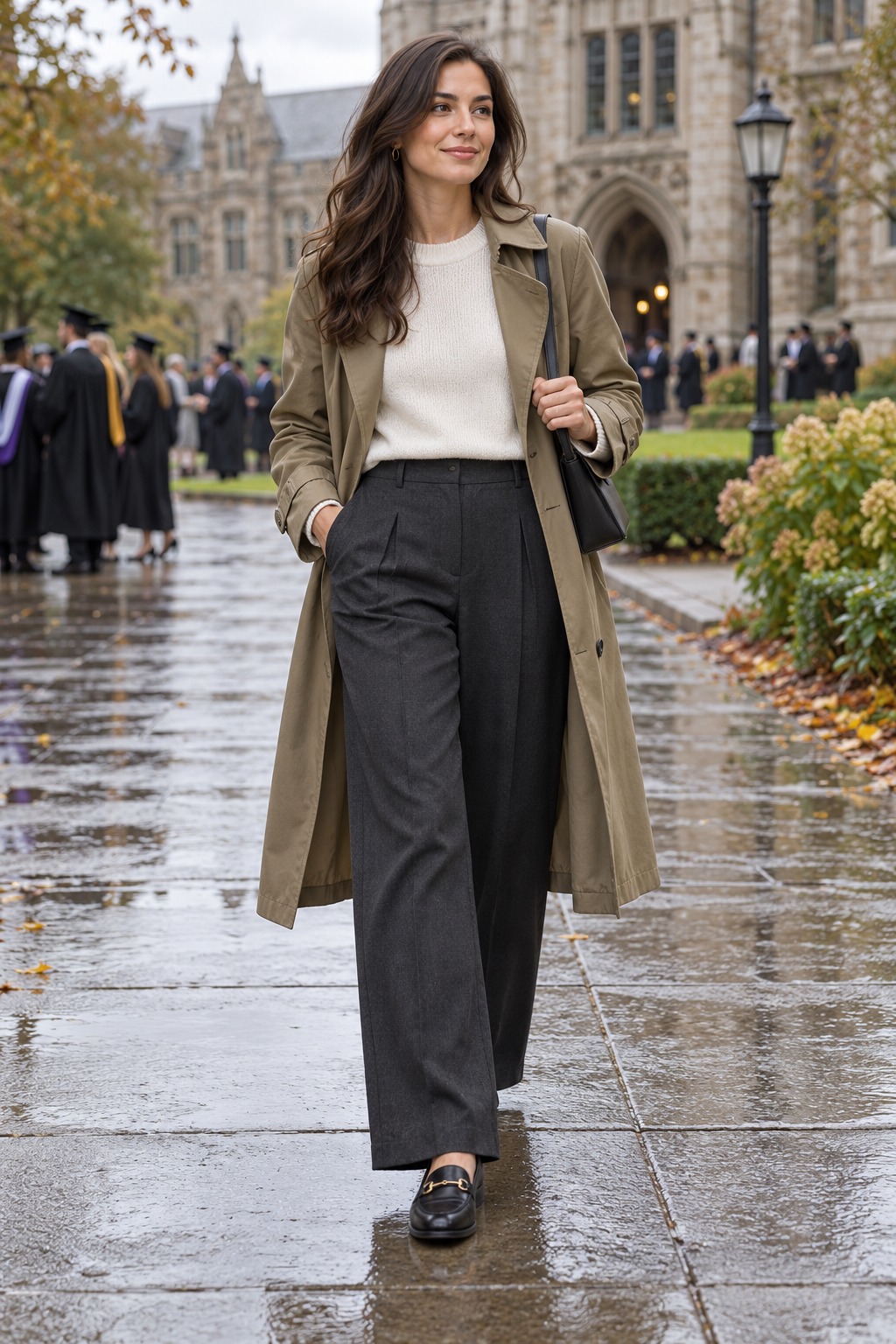 Graduation guest outfit with wide-leg trousers, fine knit top, lightweight trench coat, and practical closed shoes for cool weather