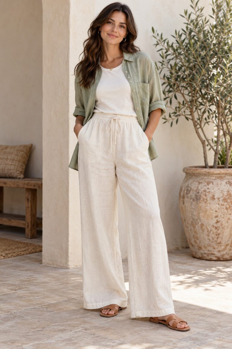 Modest summer look with airy wide-leg trousers, short-sleeve blouse, and open linen overshirt