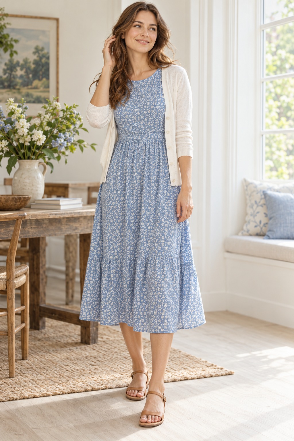 Modest summer midi dress outfit with breathable short sleeves, light cardigan, and supportive flat sandals