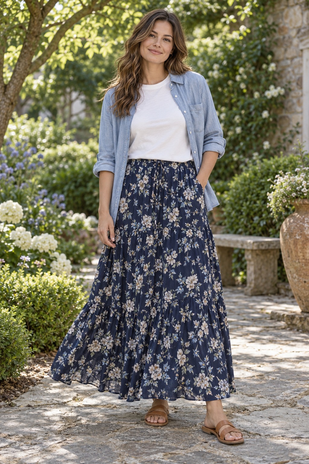 Modest summer outfit with flowing patterned maxi skirt, neat cotton tee, and lightweight denim overshirt